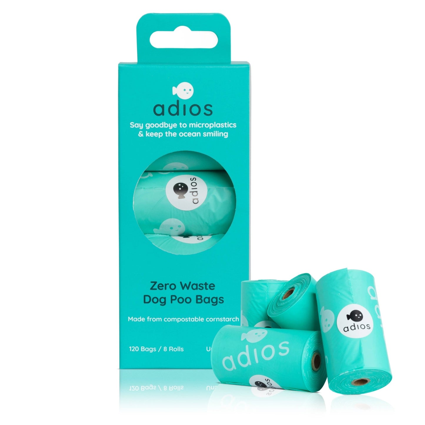 Adios Plastic - Compostable Dog Poo Bags - 8 Rolls in Mint (120 Bags)